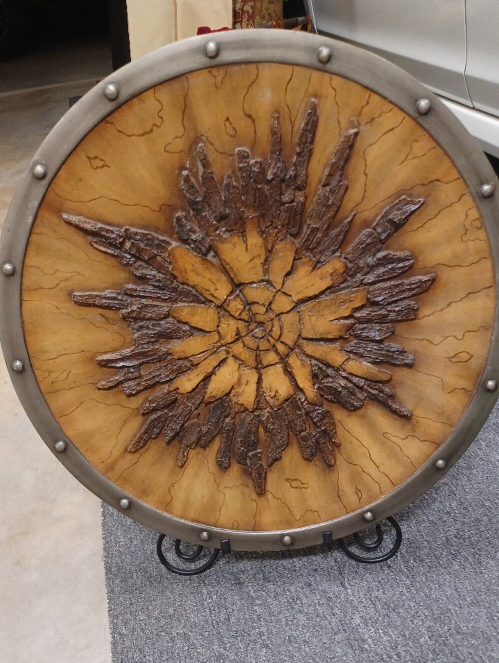 Handmade Decorative Viking Round Shield Featuring A Central Wood-Carved Design